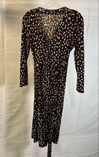 Mango Basics Womens Black Brown Geometric Surplice Long Sleeve Belted Dress Sz 4