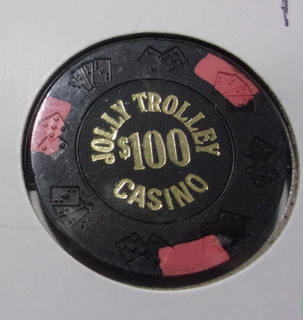 JOLLY TROLLEY CASINO 1977 $100 hotel casino gaming poker chip Las Vegas NV