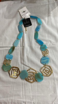 Lange Damen Halskette mit bunten Steinen hellblau und goldfarben 80 cm
