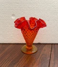 Vintage Fenton Amberina Hobnail Glass Ruffle Top Trumpet Vase 4 "