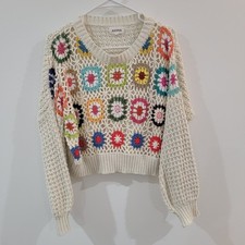 Womens Granny Square Sweater Size Small Afghan Crochet Cropped Boho
