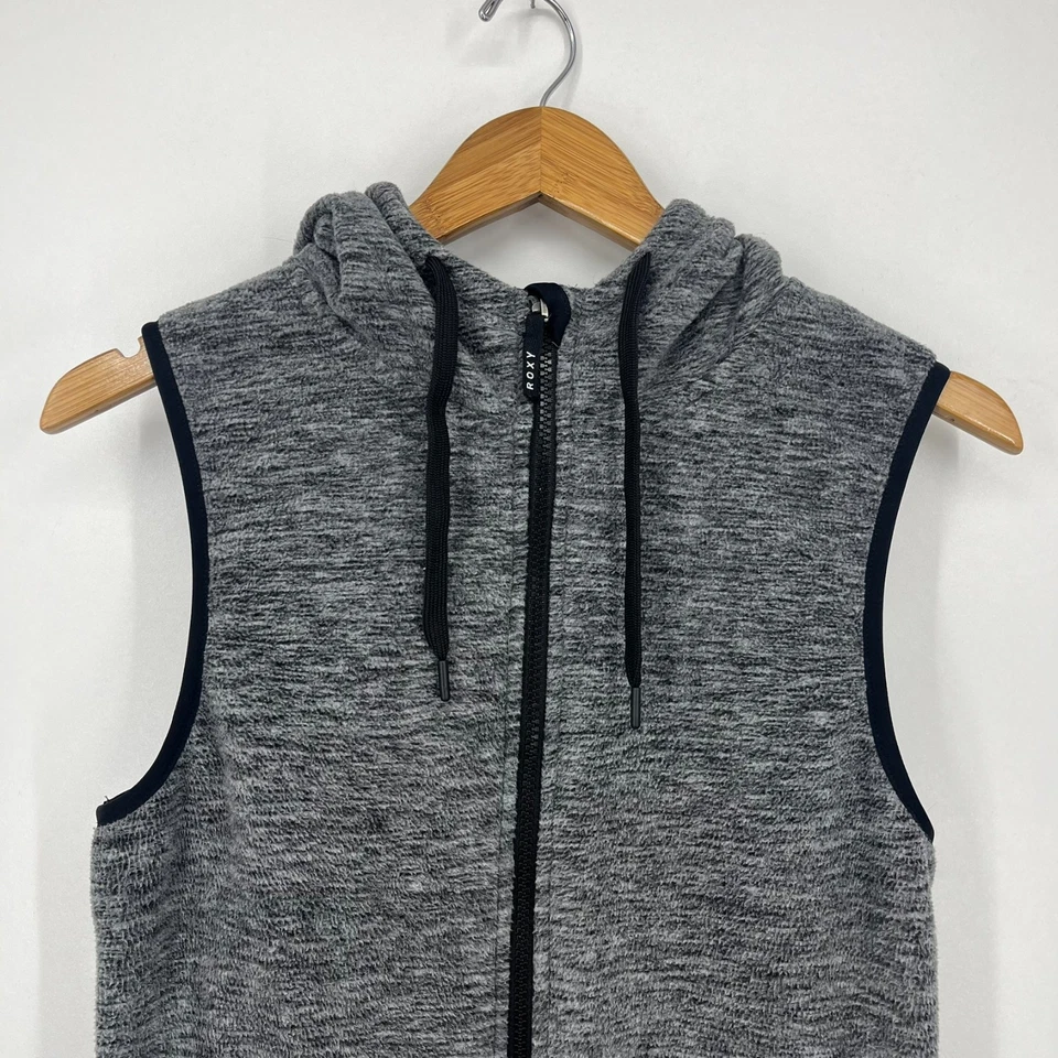 Chaleco polar Roxy cremallera completa para mujer talla M gris bolsillos con capucha cordón Foto 2 de 4