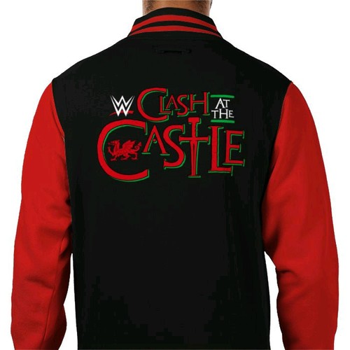 WWE CLASH AT THE CASTLE VARSITY JACKET BLACK & RED WRESTLING VARSITY JACKET 🇬🇧 - Picture 1 of 2