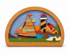 Vintage Wooden Intarsia Coastal Scene Wall Art Sailboat Lighthouse Puzzle Plaque