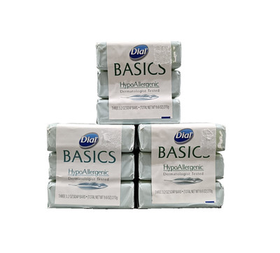 DISCOLORED 9 BARS Dial Basics Hypoallergenic Soap Bars 3-Pack Each
