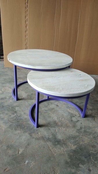 2Er Set Couchtisch Mangoholz Rund Metall Satztische Sofatisch Weiß Lila Flieder-image