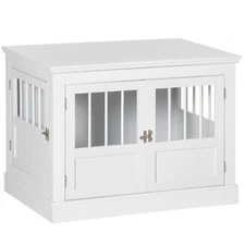 Small Dog Crate Cage Wooden Furniture End Table with 3 Doors Indoor Puppy Kennel