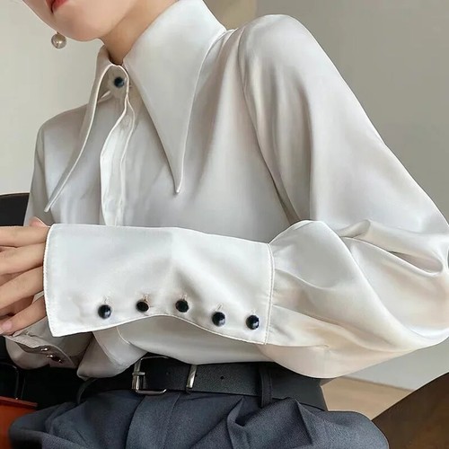 Primavera Moda Camisa Manga Larga Cuello Punta Mujeres Camisa Cuello Abajo Ropa - Imagen 15 de 23