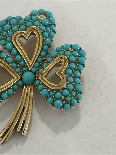 Vintage Crown Trifari Alfred Philippe Turquoise Cabochon Gold Tone hearts Brooch - Picture 3 of 9
