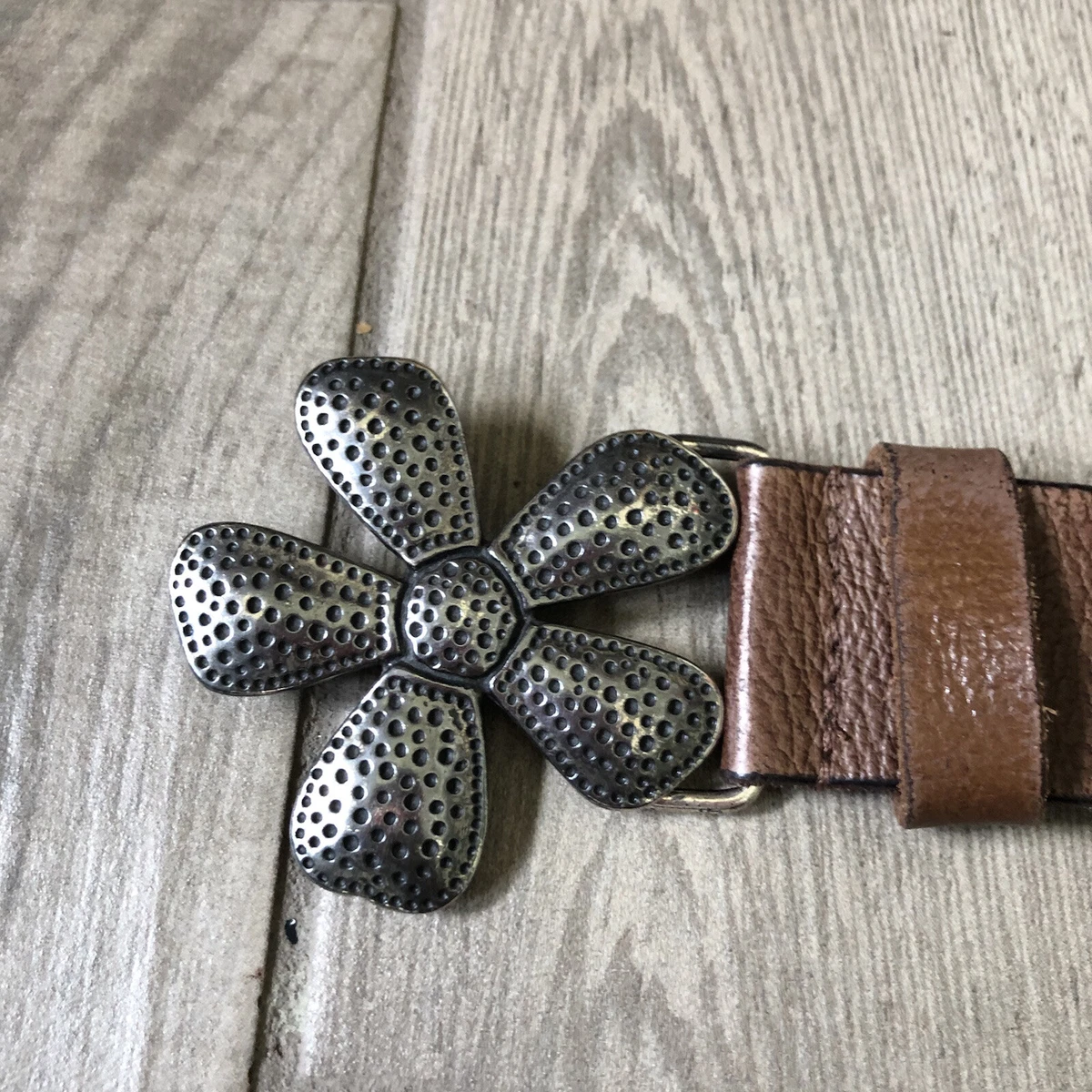 Silpada Designs Belt Brown Leather Silver Metal Flower Etched Buckle Medium EC