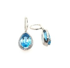 14x9MM 14KT White Gold Genuine Blue Topaz Halo Gemstone Fine Dangle Earrings
