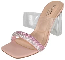 Top MODA Women Clear Block Mule High Heels Bling Rhinestone VENICE-1 Nude Pink
