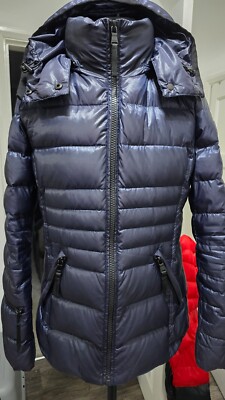 Andrew Marc 650 FÜLLUNG DAUNEN REISSVERSCHLUSS KAPUZE BLAU GEFÜTTERTER MANTEL GRÖSSE SMALL EX-ZUSTAND