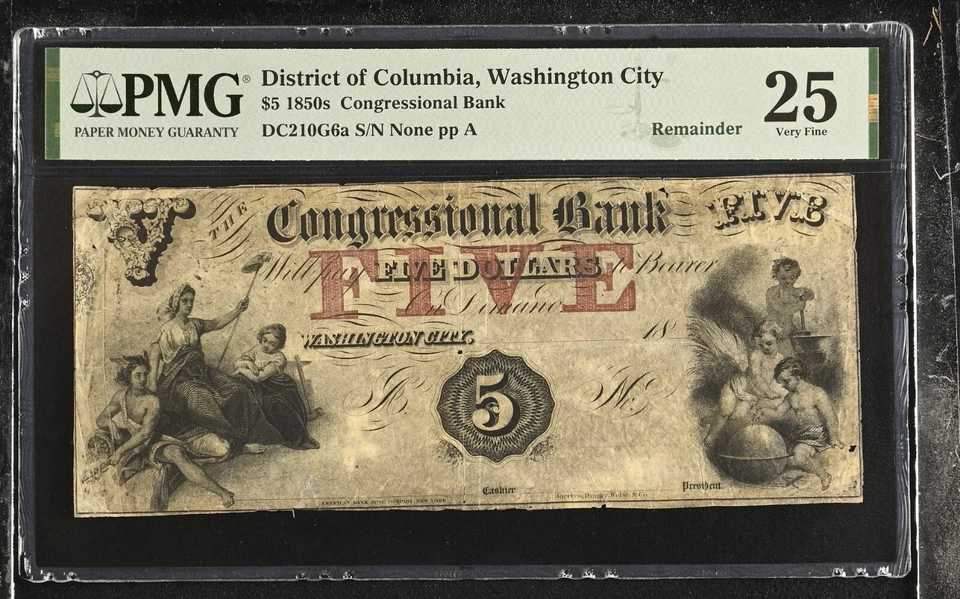 DC $5 WASHINGTON DC The Congressional Bank 1850s PMG VF25 Haxby DC-210 G6a - Image 2 of 4