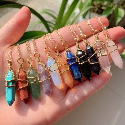 Natural Crystal Wire Wrap Pendant Quartz Bullet Point Hexagonal Necklace Jewelry