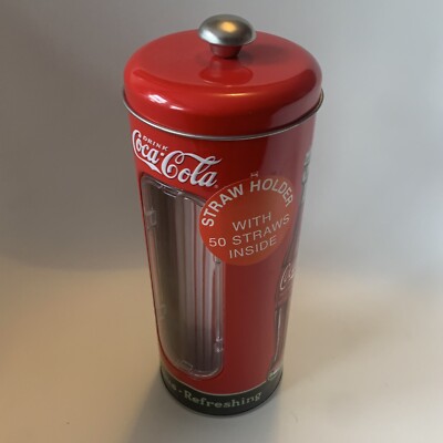 Coca-Cola Retro Straw Holder Tin with 50 Straws  Delicious & Refreshing  2010