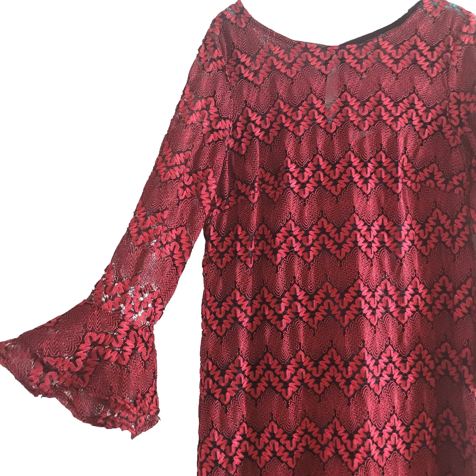 Dress Barn sz 14 Red Black Lace Dress Bell Ruffle Sleeve - Image 2 of 4