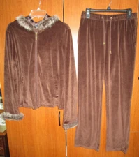 Kaktus 2 Piece Jacket & Pants Brown w Faux Fur Sz Large Cotton Poly Acrylic