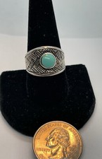 Vintage Southwest Round Turquoise Wide Band Lined Design Sterling Ring Size 9