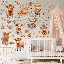 12 Sheet 78 Pcs Highland Cow Wall Decals Baby Wall Decals Highland Cow Sticke...