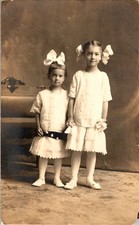 Edwardian Sisters in White Dresses & Hair Bows RPPC AZO Postcard c. 1907