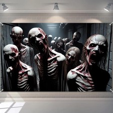 Halloween Zombie Banner 71x43 Inch Creepy Zombie Backdrop with Bloody Skeletons,