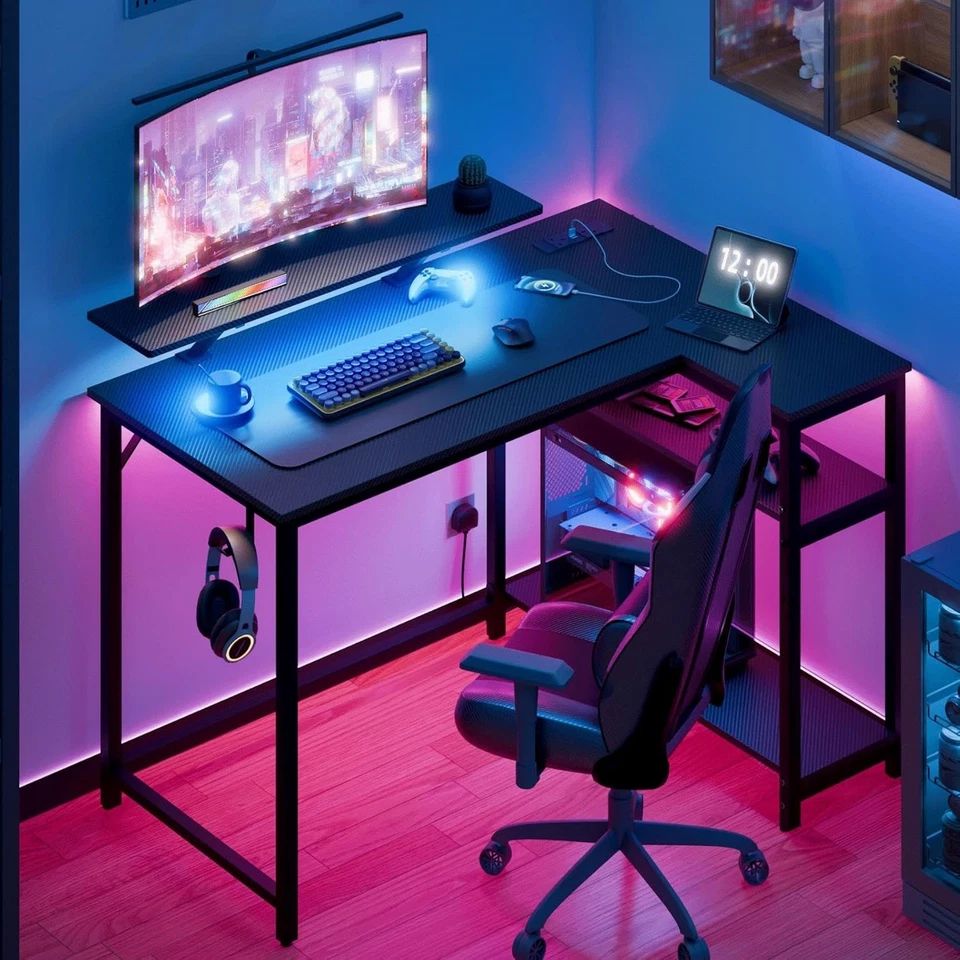 Mondeer L-Shape Gaming Table 120x90cm LED USB Socket Shelf Hooks Black - Image 2 of 4