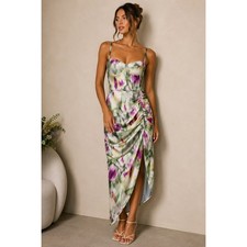 Cider Watercolor Satin Ruched Midi Dress XL Green Purple Boho Y2K Fairycore NEW