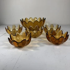 Vintage Blenko 6 Piece Gold Honey Lotus Glass Salad Bowl Set