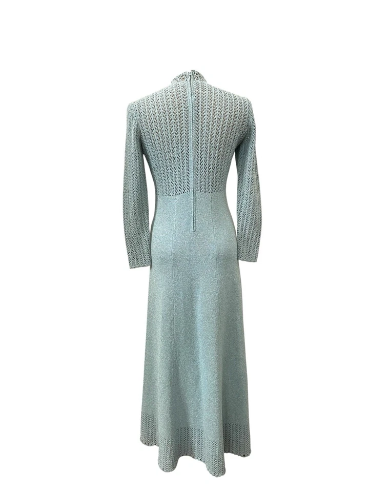 VESTIDO PICARDO KNITS Vintage Años 60/70 Azul Pointelle con Lurex Plateado Talla Mediana Foto 4 de 4