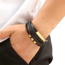 Men Leather Bracelet Multilayer Woven Wristband Classic Braided Band Durable