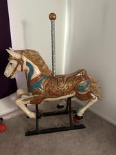 Ornate Gold Blue Wooden Carousel Horse Figurine with Stand Xl LARGE