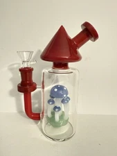 Hookah Water Pipe Glass 6.5” Mushroom Maroon, Blue Tobacco Bong