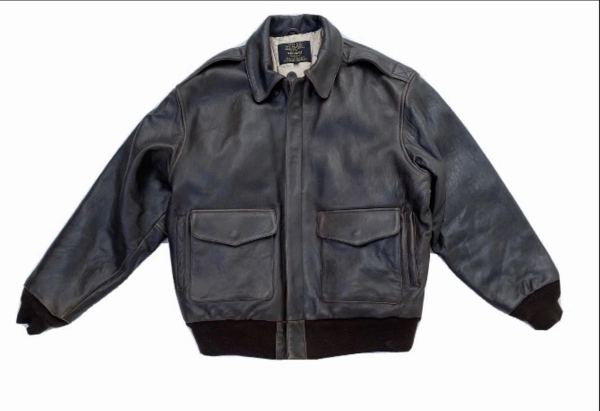 Chaqueta de vuelo Schott tipo A-2 de cuero Segunda Guerra Mundial con incrustación de mapa, X grande, marrón oscuro.