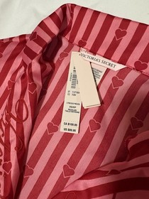 Victoria's Secret Satin Pajama Set XS Red Pink Striped Heart Button Collared