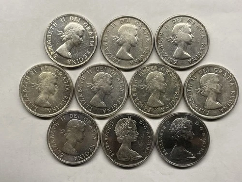 Lot of 10 -  CANADIAN SILVER DOLLARS 1953 - 1966