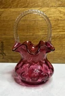 VINTAGE FENTON CRANBERRY PINK COIN DOT BASKET, APPLIED CLEAR TWISTED ROPE HANDLE