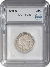1905-O Barber Quarter 25C ICG VG10 Very Good VG