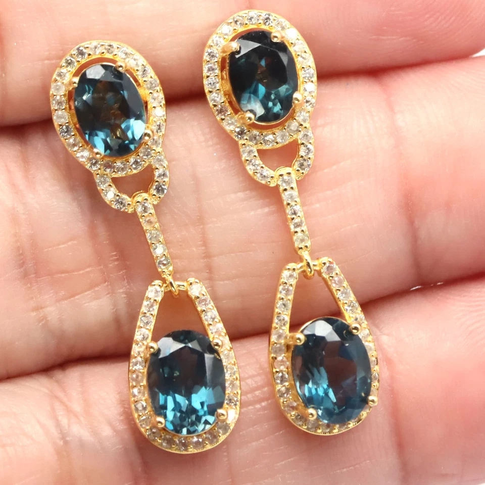 925 Sterling Silver London Blue Topaz & White Zircon Birthstone Jewelry Earrings - Image 2 of 4