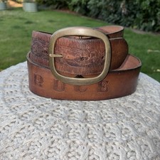 Vintage Western Brown Tooled Leather Belt Named Bruce Sz 34 Brass Buckle Rodeo