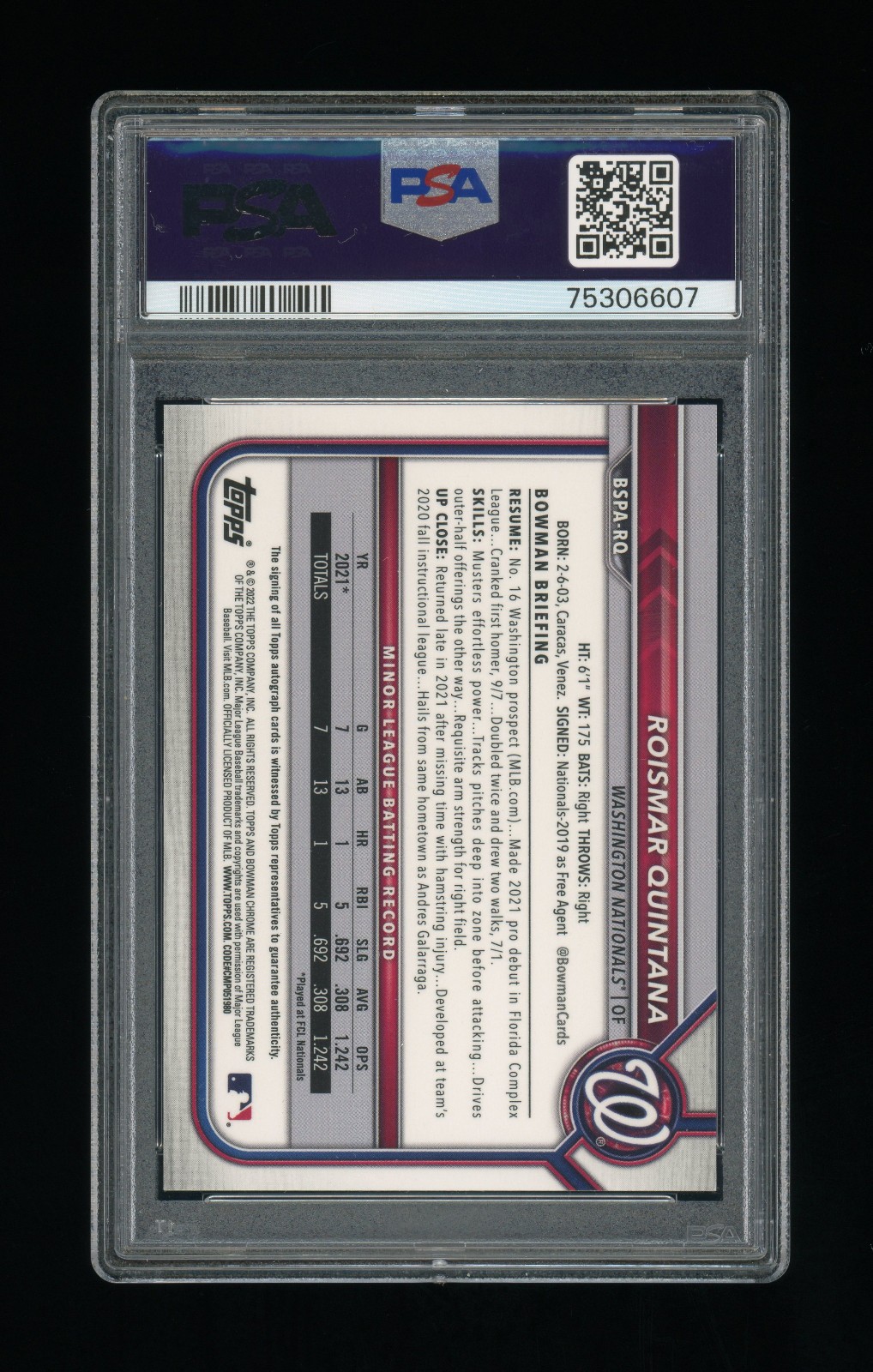 2022 Bowman Sapphire - ROISMAR QUINTANA - Aqua Refractor AUTO /99 - PSA 10 view 2