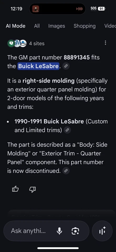 Новый OEM GM 88891345 Buick Lesabre Custom Limited комплект отделки молдинга крыла под правую руку новый из старых запасов - Изображение 2 из 4