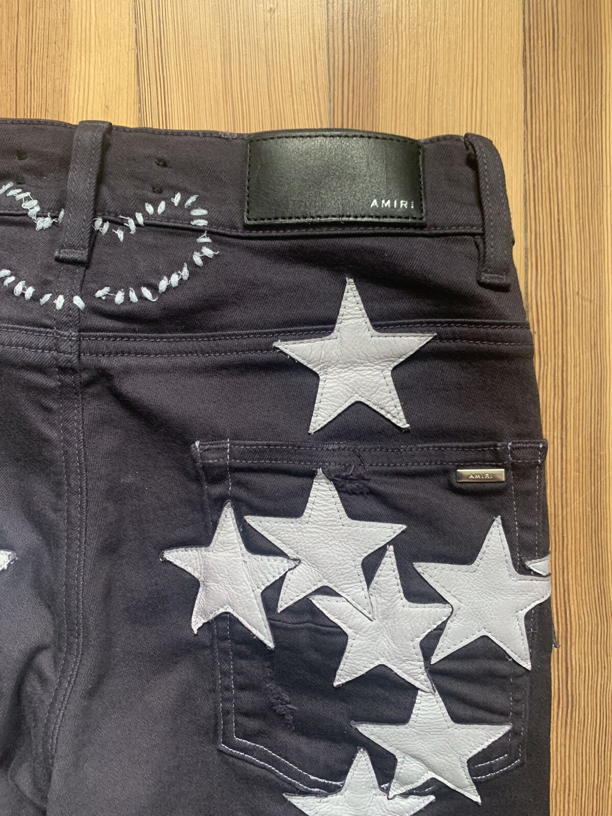 Amiri Obsidian Grey Chemist Leather Star Patch Jeans … Gem