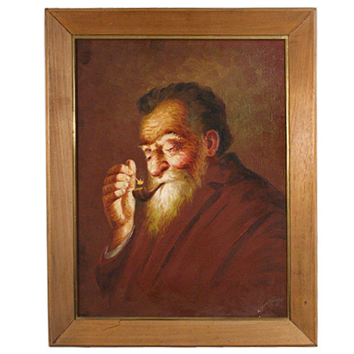 Untitled (Old Man Smoking Pipe) by Hector Moncayo Signed Framed Oil on Canvas  - Afbeelding 1 van 2