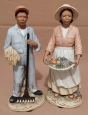Vintage Homco Ceramic 10" Figurines ~ Farming Couple "Harvest Time" ~ #1456 