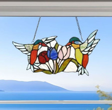 Garden Scene Stained Glass Window Panel Hummingbird Suncatcher 15x8in