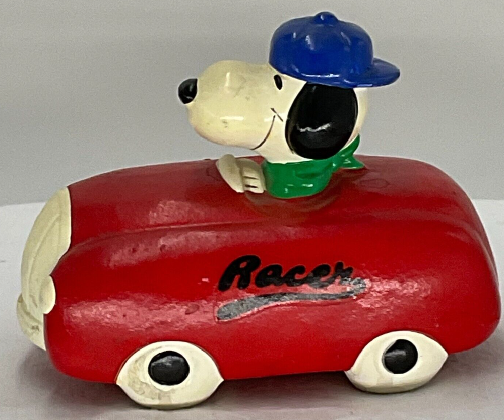 Vintage Snoopy Race Car Peanuts Coin Bank with Original Stopper