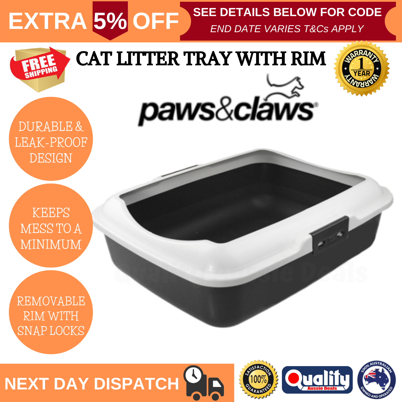 Paws & Claws Cat Litter Tray w/ Rim 48x39x15cm Large Quality Kitty Pan