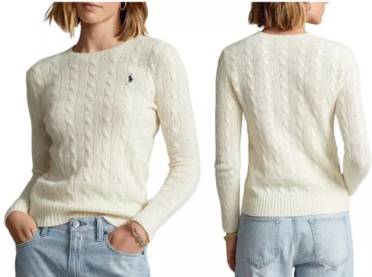 $398 Polo Ralph Lauren Women's Ivory Cashmere Blend Cable-Knit Sweater Size  L