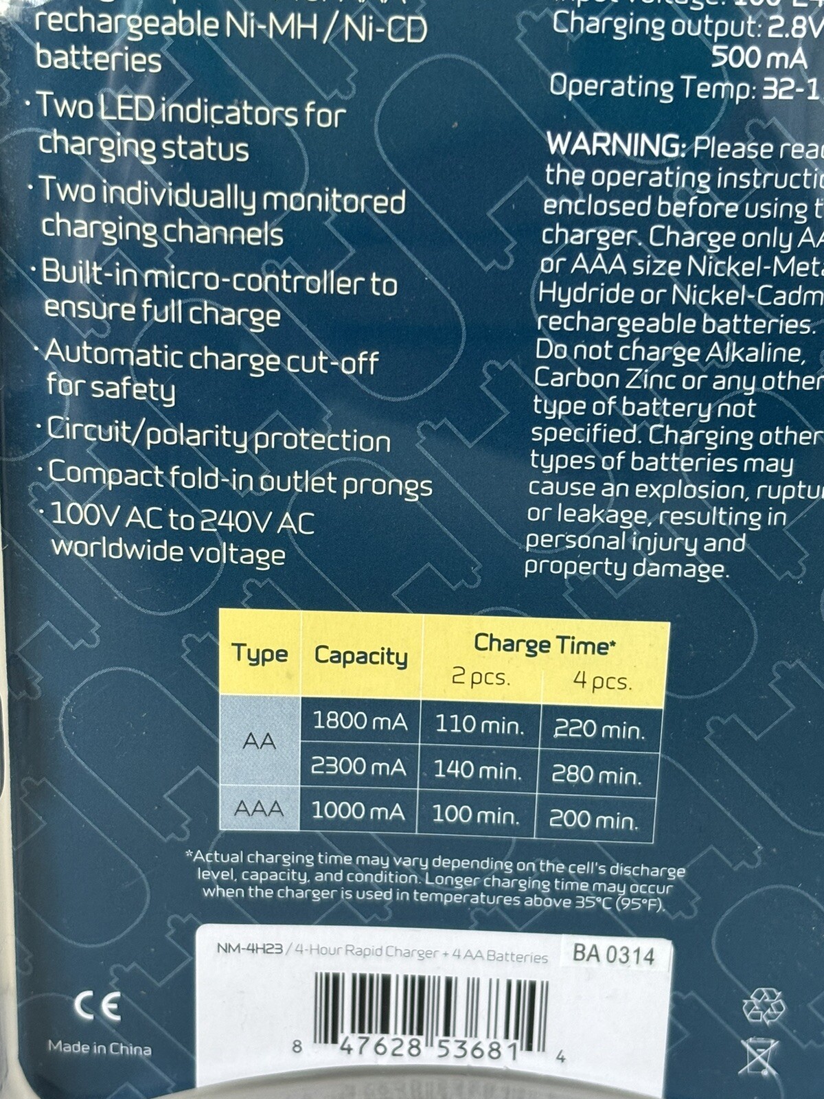 Watson 4Hour Rapid Charger AA and AAA NiMH and NiCd Rechargeable+4 Batteries